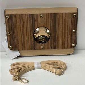 Tan and Brown Crossbody Leather Bag with Gold Accents